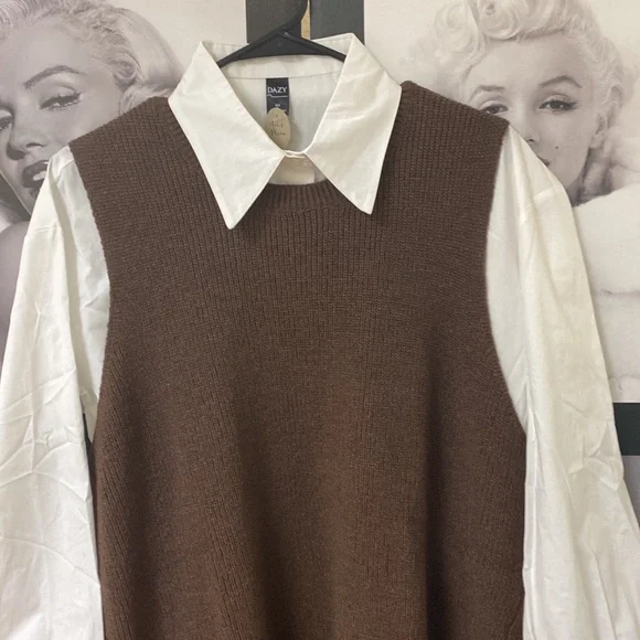 Hi-Low Brown Sweater Dress With White Shirt - Picture 2 of 10